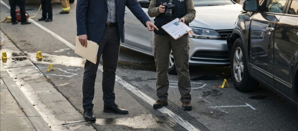 A personal injury attorney standing at the scene of a recent traffic accident alongside an accident reconstruction expert.
