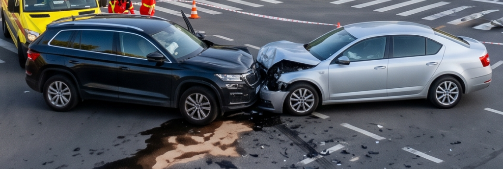 Car accident involving two vehicles at an intersection.