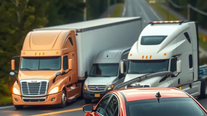 Trucks and cars are involved in a collision