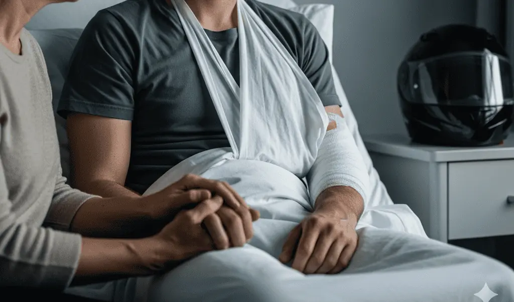 A motorcycle accident survivor sitting on a hospital bed